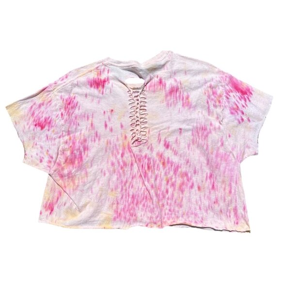 Handmade Tie-Dye Face Line Art Graphic Cropped T-Shirt With Open Back Lace-Up De - Picture 2 of 5
